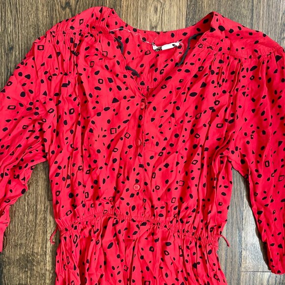 Vintage 80s Karin Stevens Red Midi Dress Abstract Print Button Front Rayon M - Picture 2 of 7